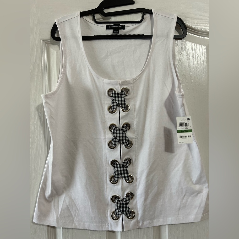 INC International Concepts White Tank Top with Black Checkered Accents
